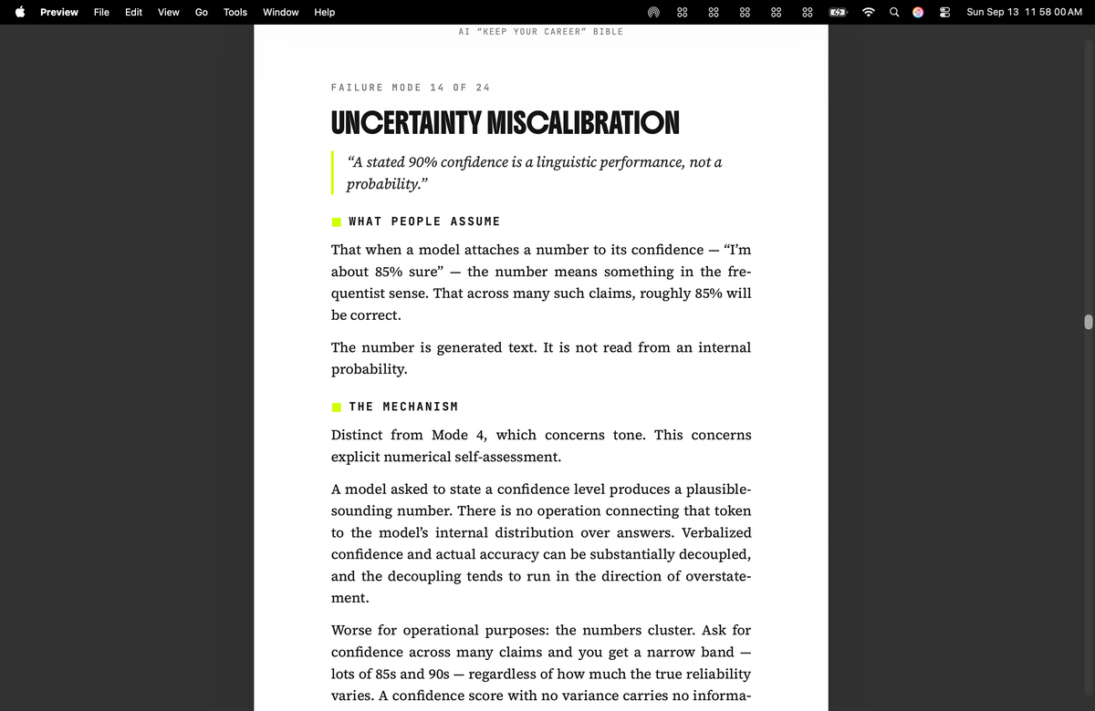 Sample page: Failure Mode 14 — Uncertainty Miscalibration